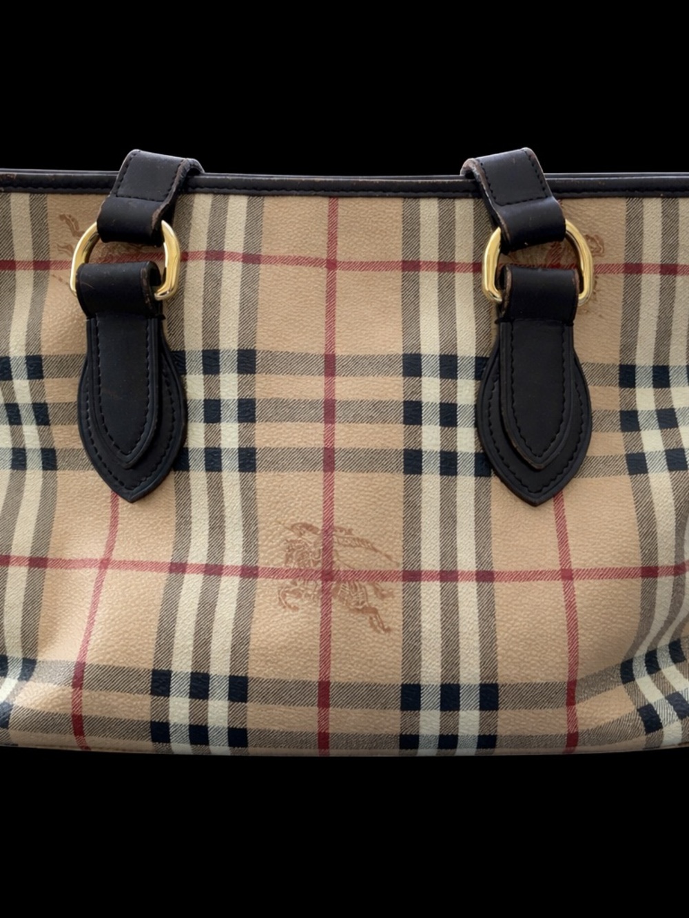 Burberry Haymarket Check Tote with Black Leather Handles